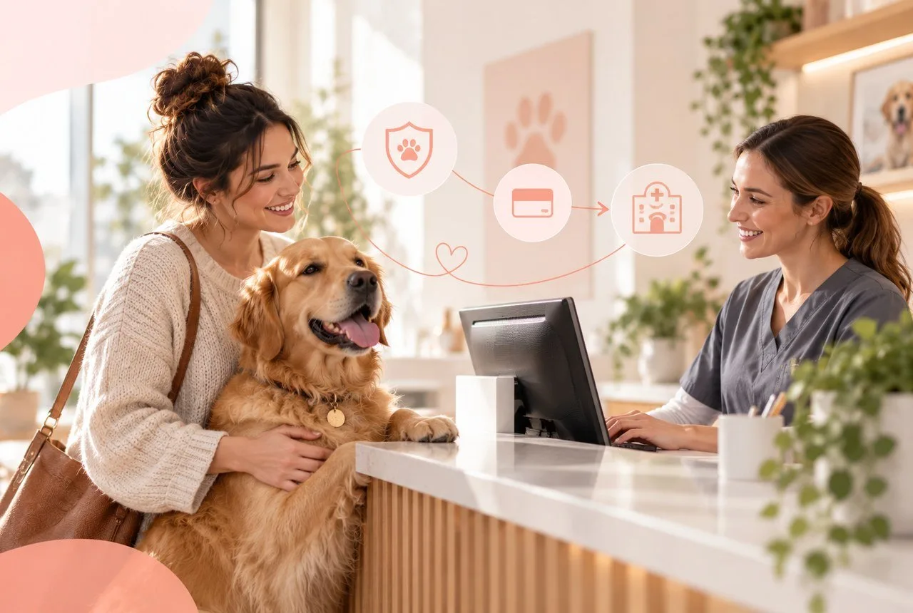 Owner and golden-colored dog at a veterinary reception counter, with coral graphics